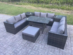 Fimous Outdoor Pe Wicker Garden Furniture Rattan Lounge Sofa Set Patio Rectangular Dining Table With Big Footstool 2 Side Table - thumbnail 3