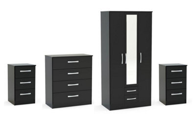 Black Wooden 4 Piece Furniture Set Wardrobe Chest Of Drawers Bedsides Birlea Lynx - image 1