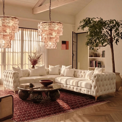 Sofaya Monaco Chesterfield 6 Seater Chaise Sofa  Cream Velvet L Shaped Corner Chaise- Left Hand Deep Buttoned Upholstery Couch Lounge - image 1
