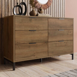 Matteo Dark Oak Effect Sideboard Cabinet, 6-Drawer Chest With Industrial Black Metal Frame, 120Cm