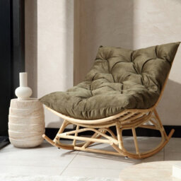 Desser Natural Rattan Papasan Rocking Chair With Square Cushion - Indoor & Dry Outdoor Use - Olive