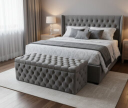 90Cm Wide Lux Ottoman Storage Box, Grey Velvet Upholstered Chesterfield Storage Ottoman Box - thumbnail 3