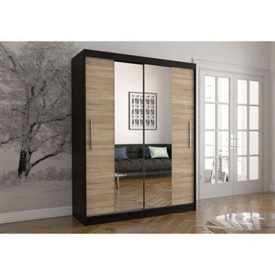 Arte Contemporary Vista 01 Mirrored Sliding Door Wardrobe In Black And Oak Sonoma Finish (H)2000mm X (W)1500mm X (D)610mm - image 1