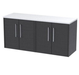 Nuie Hudson Reed Juno Wall Hung 4-Door Vanity Unit & Sparkling White Worktop, Countertop Basin Unit In Graphite Grey Woodgrain, 1200mm - thumbnail 2