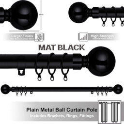 Aspire Homeware Plain Metal Curtain Pole With Ball Finials Extendable Rod 160-300 Cm (Matte Black) - thumbnail 3