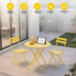 Mof 3-Piece Folding Bistro Set, Outdoor Garden Metal Table And Chairs, Powder-Coated Steel, 4 Colours Available (Yellow) - thumbnail 3