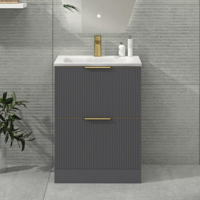 Royal Bathrooms Evora 600mm Graphite Grey Fluted Floor Standing Bathroom Vanity Unit 2 Drawer Cabinet With Stone Basin & Brushed Brass Handles - image 1