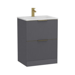 Royal Bathrooms Evora 600mm Graphite Grey Fluted Floor Standing Bathroom Vanity Unit 2 Drawer Cabinet With Stone Basin & Brushed Brass Handles - thumbnail 8
