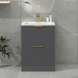 Royal Bathrooms Evora 600mm Graphite Grey Fluted Floor Standing Bathroom Vanity Unit 2 Drawer Cabinet With Stone Basin & Brushed Brass Handles