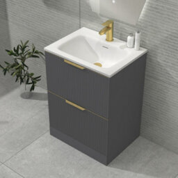 Royal Bathrooms Evora 600mm Graphite Grey Fluted Floor Standing Bathroom Vanity Unit 2 Drawer Cabinet With Stone Basin & Brushed Brass Handles - thumbnail 6