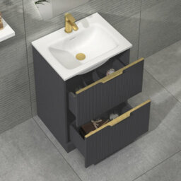 Royal Bathrooms Evora 600mm Graphite Grey Fluted Floor Standing Bathroom Vanity Unit 2 Drawer Cabinet With Stone Basin & Brushed Brass Handles - thumbnail 5