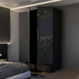 M N Furniture Ltd Modern High Gloss 2, 3 Or 4 Door Wardrobe With Mirror, Shelves, Hanging Rail And Drawers - (Black,90Cm) - thumbnail 3