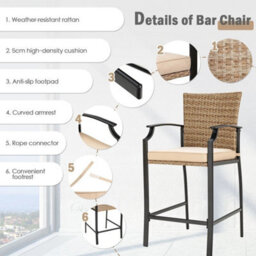 4 Pack Patio Rattan Bar Stools Set Outdoor Wicker Bar Chairs W/ 4 Soft Cushions - thumbnail 5