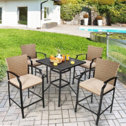 4 Pack Patio Rattan Bar Stools Set Outdoor Wicker Bar Chairs W/ 4 Soft Cushions - thumbnail 4
