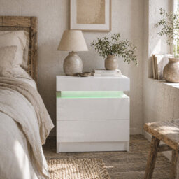 Wyld Haus Rema High Gloss White Bedside Table With Integrated Led Lighting And 2 Drawers - Compact 45W X 35D X 52H Cm - thumbnail 1