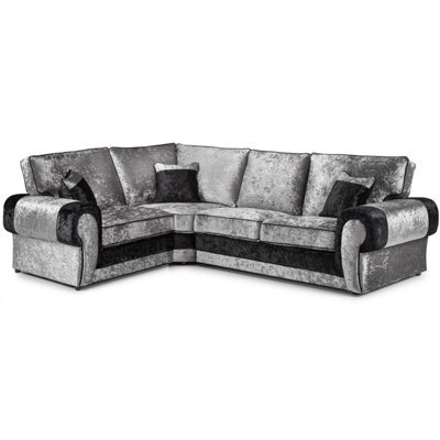 Furnishings For Less UK Chelsea Black And Silver Crushed Velvet Large 4 Seater Corner Sofa 1 Corner 2 Rolled Arms