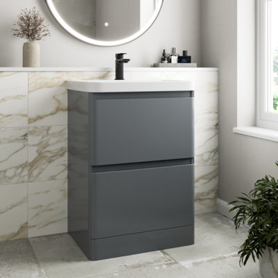 Affine Bathroom Cloakroom Vanity Unit Wash 600 Basin Base Cabinet Drawers Storage Grey - image 1