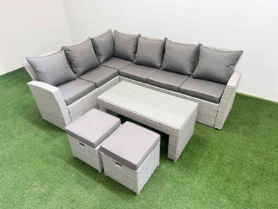 Fimous Rattan Garden Furniture Set Outdoor 8 Seater Corner Sofa Sets With Oblong Coffee Table 2 Small Footstools Light Grey Mixed - image 1