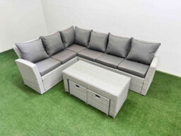 Fimous Rattan Garden Furniture Set Outdoor 8 Seater Corner Sofa Sets With Oblong Coffee Table 2 Small Footstools Light Grey Mixed - thumbnail 2