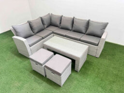 Fimous Rattan Garden Furniture Set Outdoor 8 Seater Corner Sofa Sets With Oblong Coffee Table 2 Small Footstools Light Grey Mixed - thumbnail 1