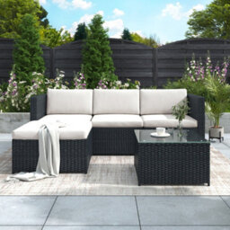 Matteo Black Pe Rattan Effect 3-Piece Garden Corner Sofa & Table Set - Outdoor Patio Lounge - thumbnail 3