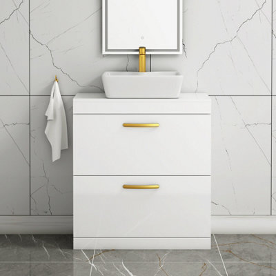 Royal Bathrooms 800mm Floor Standing Vanity Unit 2 Drawer Gloss White & Countertop Basin - Cube With Brushed Brass Handle - image 1