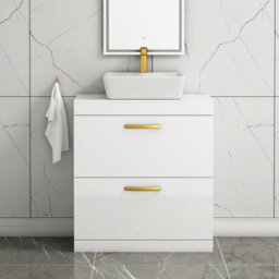 Royal Bathrooms 800mm Floor Standing Vanity Unit 2 Drawer Gloss White & Countertop Basin - Cube With Brushed Brass Handle - thumbnail 1