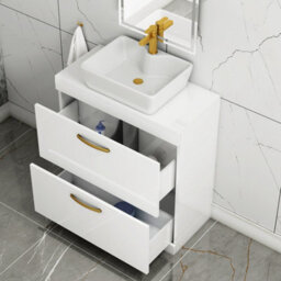 Royal Bathrooms 800mm Floor Standing Vanity Unit 2 Drawer Gloss White & Countertop Basin - Cube With Brushed Brass Handle - thumbnail 3