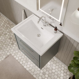 Balterley Longnor Modern Bathroom Wall Hung 2-Drawer Vanity Unit With Fireclay Basin, Coastal Grey, 600mm - thumbnail 3