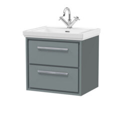 Balterley Longnor Modern Bathroom Wall Hung 2-Drawer Vanity Unit With Fireclay Basin, Coastal Grey, 600mm - thumbnail 1