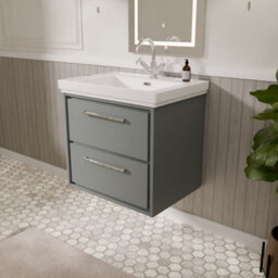 Balterley Longnor Modern Bathroom Wall Hung 2-Drawer Vanity Unit With Fireclay Basin, Coastal Grey, 600mm - thumbnail 4