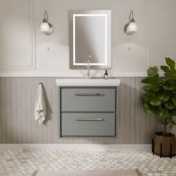 Balterley Longnor Modern Bathroom Wall Hung 2-Drawer Vanity Unit With Fireclay Basin, Coastal Grey, 600mm - thumbnail 2