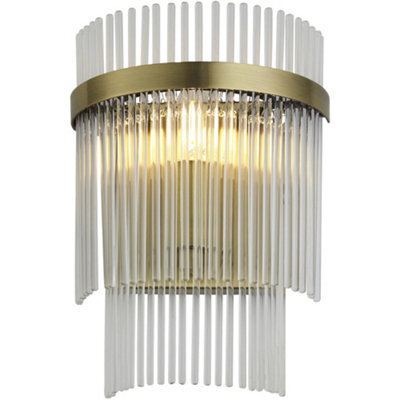 Loops Indoor Antique Brass Plate Wall Light - Clear Glass Rod Decorative Shade - Dimmable - image 1