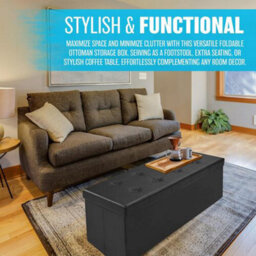 Large Triple Black Ottoman Faux Leather Bench Stool Folding Seat Footstool Chest Foldable - thumbnail 4
