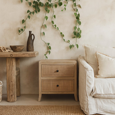 Wyld Haus Toscana Grey-Aged Oak Bedside Table With Rattan Drawer Fronts, 2 Drawers - image 1