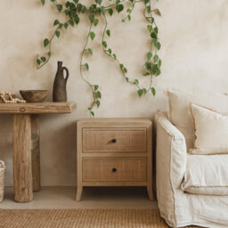 Wyld Haus Toscana Grey-Aged Oak Bedside Table With Rattan Drawer Fronts, 2 Drawers - thumbnail 1