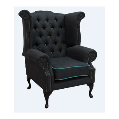 Chesterfield High Back Chair Charles Charcoal Blue Trim Linen Fabric In Queen Anne Style