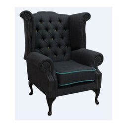 Chesterfield High Back Chair Charles Charcoal Blue Trim Linen Fabric In Queen Anne Style
