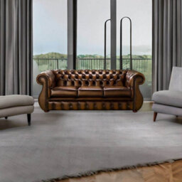 Chesterfield 3 Seater Antique Autumn Tan Leather Sofa Bespoke In Kimberley Style - thumbnail 3
