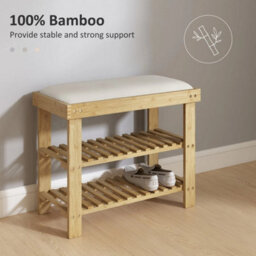 Bamboo Shoe Storage Bench, 3-Tier Shoe Bench With Seat Cushion, Cream White - thumbnail 5