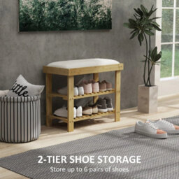 Bamboo Shoe Storage Bench, 3-Tier Shoe Bench With Seat Cushion, Cream White - thumbnail 4