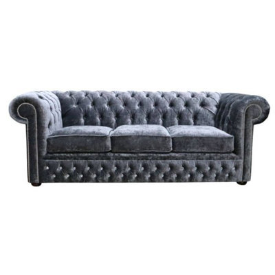 Chesterfield Crystal 3 Seater Sofa Modena Anthracite Black Velvet Fabric In Classic Style - image 1