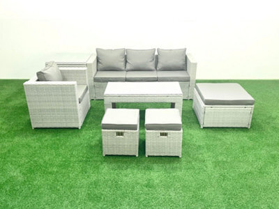 Fimous Rattan Garden Furniture Set Outdoor Lounger Sofa Coffee Table 3 Stools Side Table Light Grey - image 1