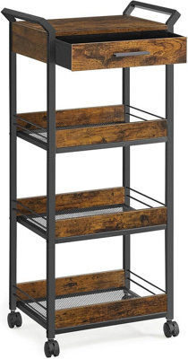 Songmics Storage Trolley, 4-Tier Rolling Cart, Handles, 4 Lockable Castors, Top Drawer, Mesh Shelves, Rustic Brown And Ink Black - image 1