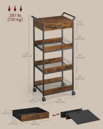 Songmics Storage Trolley, 4-Tier Rolling Cart, Handles, 4 Lockable Castors, Top Drawer, Mesh Shelves, Rustic Brown And Ink Black - thumbnail 5