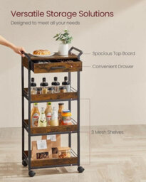 Songmics Storage Trolley, 4-Tier Rolling Cart, Handles, 4 Lockable Castors, Top Drawer, Mesh Shelves, Rustic Brown And Ink Black - thumbnail 4