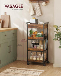 Songmics Storage Trolley, 4-Tier Rolling Cart, Handles, 4 Lockable Castors, Top Drawer, Mesh Shelves, Rustic Brown And Ink Black - thumbnail 2