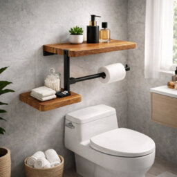 Billtix Wooden Toilet Roll Holder With Shelf Wall Mounted, Wood Toilet Paper Holder, Bathroom Tissue Holder Storage Shelf Rack - thumbnail 8