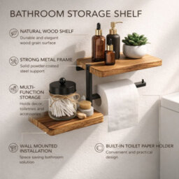 Billtix Wooden Toilet Roll Holder With Shelf Wall Mounted, Wood Toilet Paper Holder, Bathroom Tissue Holder Storage Shelf Rack - thumbnail 4