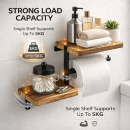 Billtix Wooden Toilet Roll Holder With Shelf Wall Mounted, Wood Toilet Paper Holder, Bathroom Tissue Holder Storage Shelf Rack - thumbnail 7